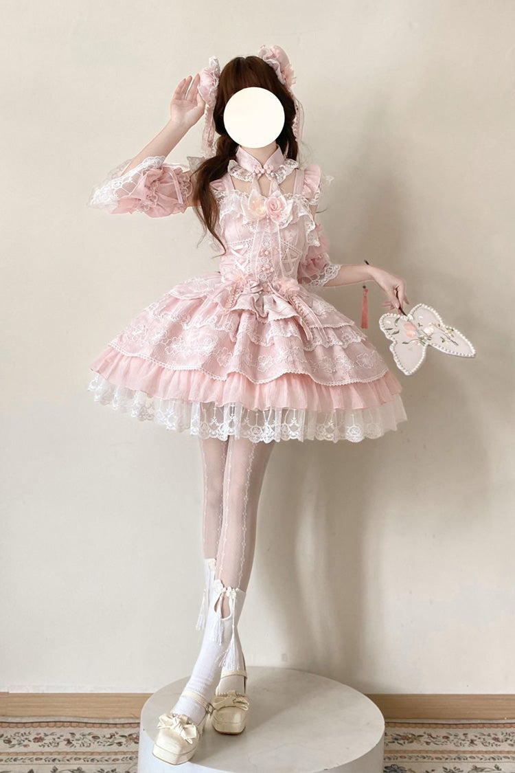 Pink [Rain of Peaches] Sleeveless Multi-Layered Bowknot Lace Sweet Chinese Style Lolita Jsk Dress - Product - 5