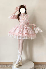 Pink [Rain of Peaches] Sleeveless Multi-Layered Bowknot Lace Sweet Chinese Style Lolita Jsk Dress - Product - 5