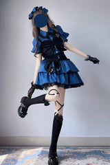 Blue/Black Multi-Layer Polka Dot Print Bowknot Princess Sweet Lolita Skirt Set - Product - 2