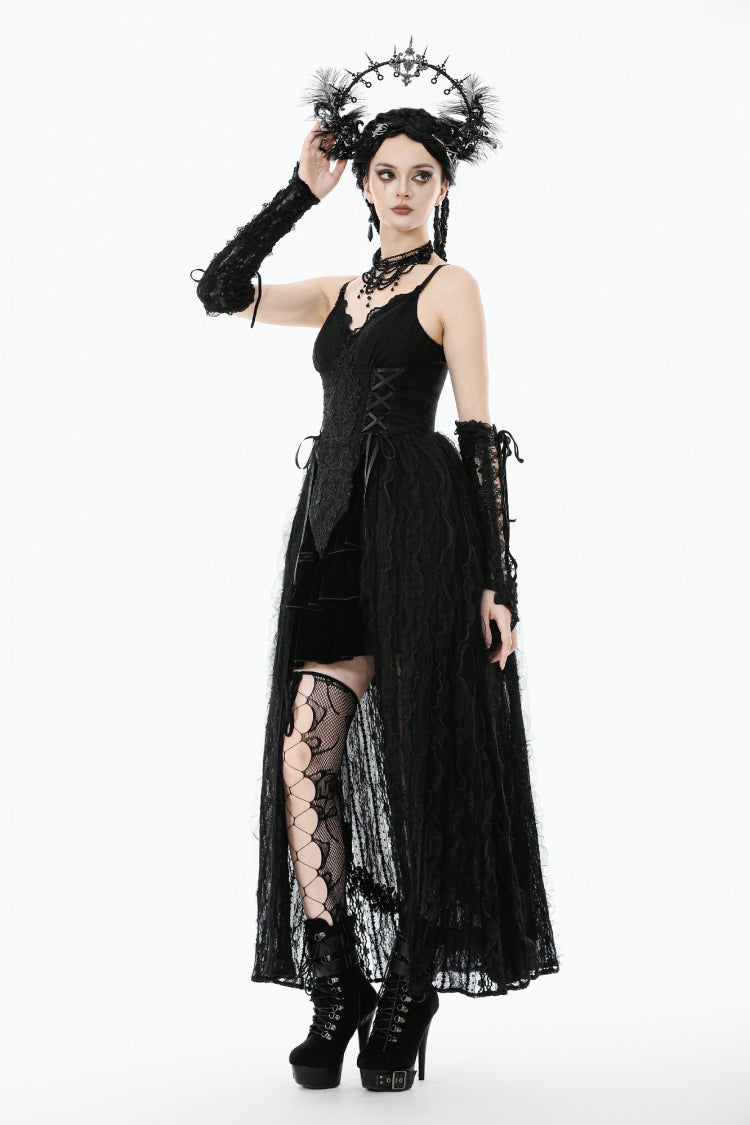 Black Sleeveless Floral Embroidered Lace Lace-Up Women's Gothic Slip Dress Wedding Dress - Product - 11