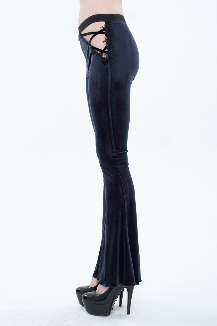 Black/Red Velvet Low-Rise Ribbon Cutout Flare Women's Gothic Pants - Product - 4