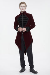 Red Stand Collar Lace Splice Swallow Tailed Men's Gothic Coat - Product - 4