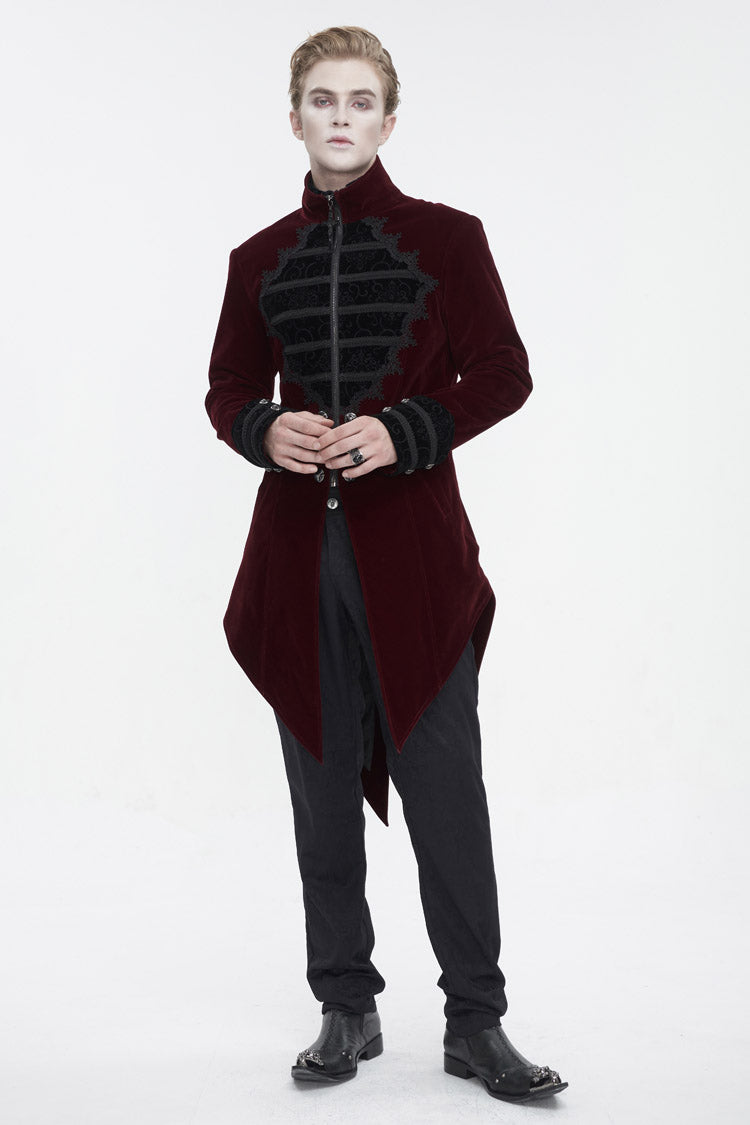 Red Stand Collar Lace Splice Swallow Tailed Men's Gothic Coat - Product - 4