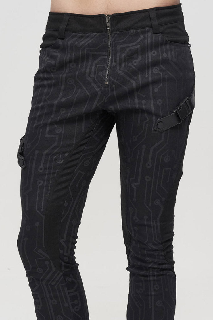 Black Punk Casual Circuit Diagram Print Asymmetric Decoration Men's Long Pants - Product - 9