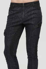 Black Punk Casual Circuit Diagram Print Asymmetric Decoration Men's Long Pants - Product - 9