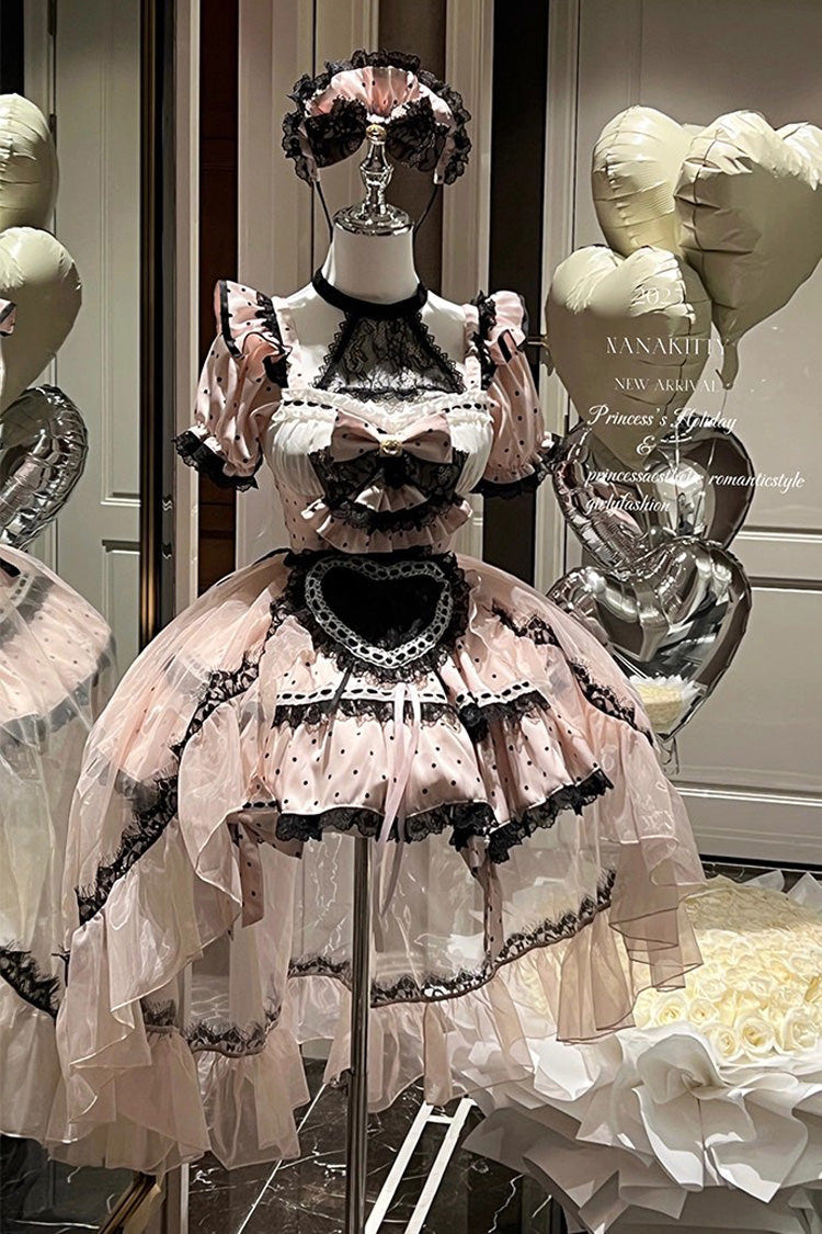 Pink [Apprentice Cupid] Halterneck Short Sleeves Print Ruffle Bowknot Lace Maid Sweet Lolita Dress - Product - 3