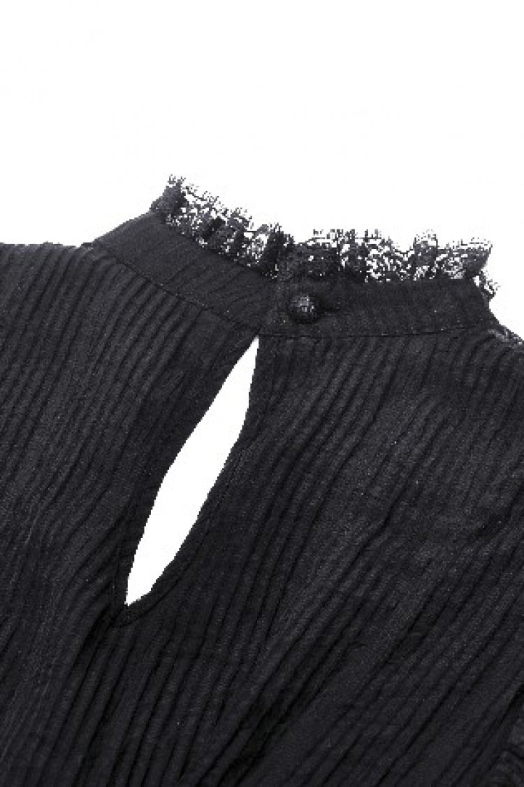 Black Women's Gothic Ruffled Stand Collar Long Puff Sleeves Spiderweb Splice Witch Maxi Dress - Product - 16