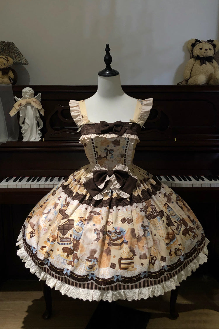 [Chocolate Cake Party] Square Collar Sleeveless Printed Ruffled Bow Daily Sweet Lolita Jsk Dress 2 Colors - Yellow - 2