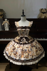 [Chocolate Cake Party] Square Collar Sleeveless Printed Ruffled Bow Daily Sweet Lolita Jsk Dress 2 Colors - Yellow - 2