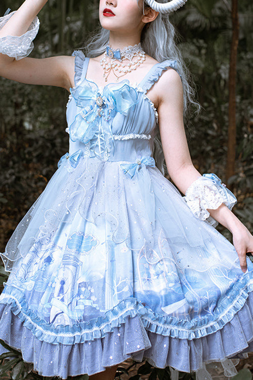 Blue Ruffled Stitching Seam 3D Print Sweet Lolita JSK Dress - Blue - 1