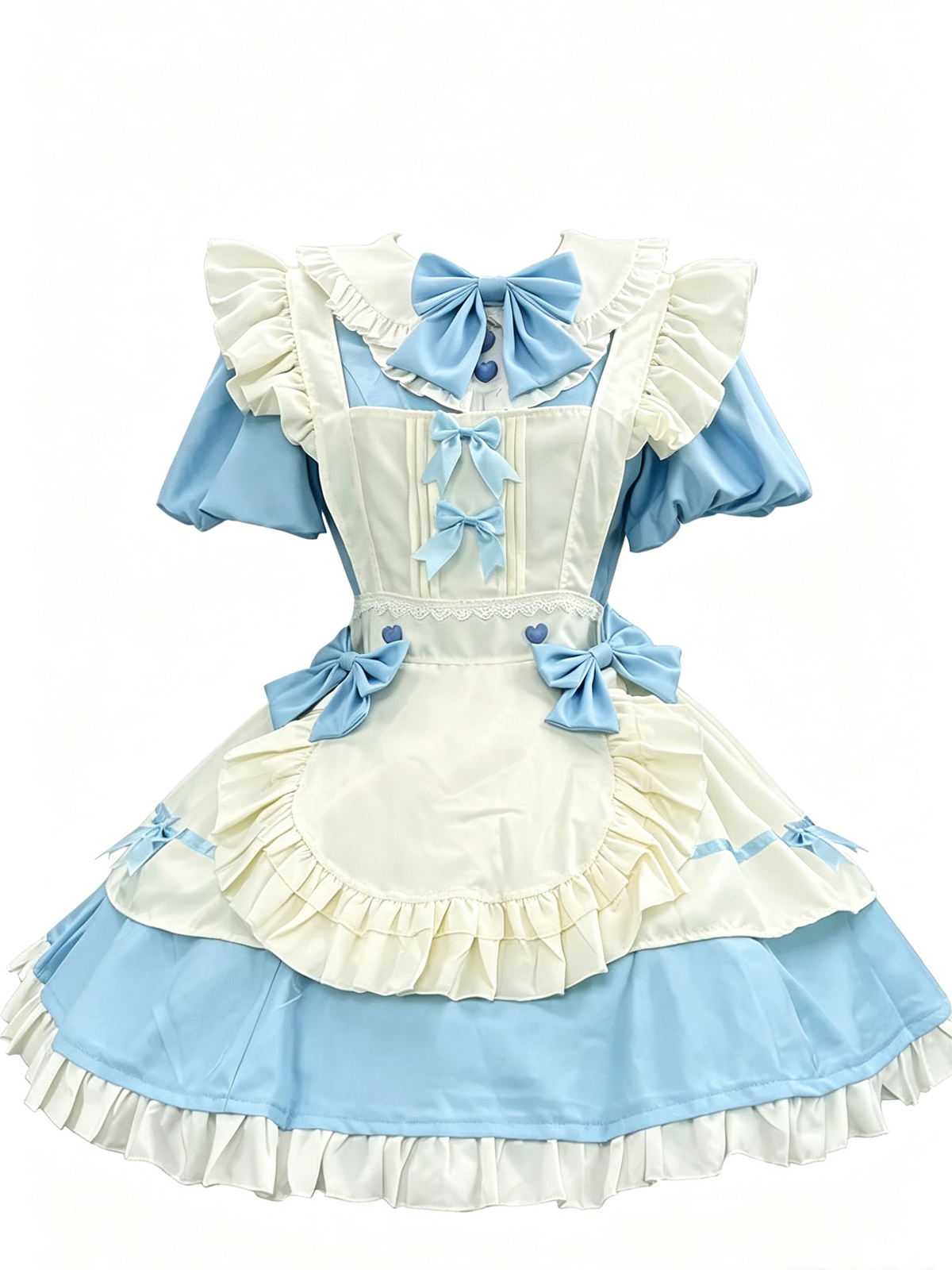 Blue and White Ruffled Lolita Dress with Apron Bow Accent 商品画像