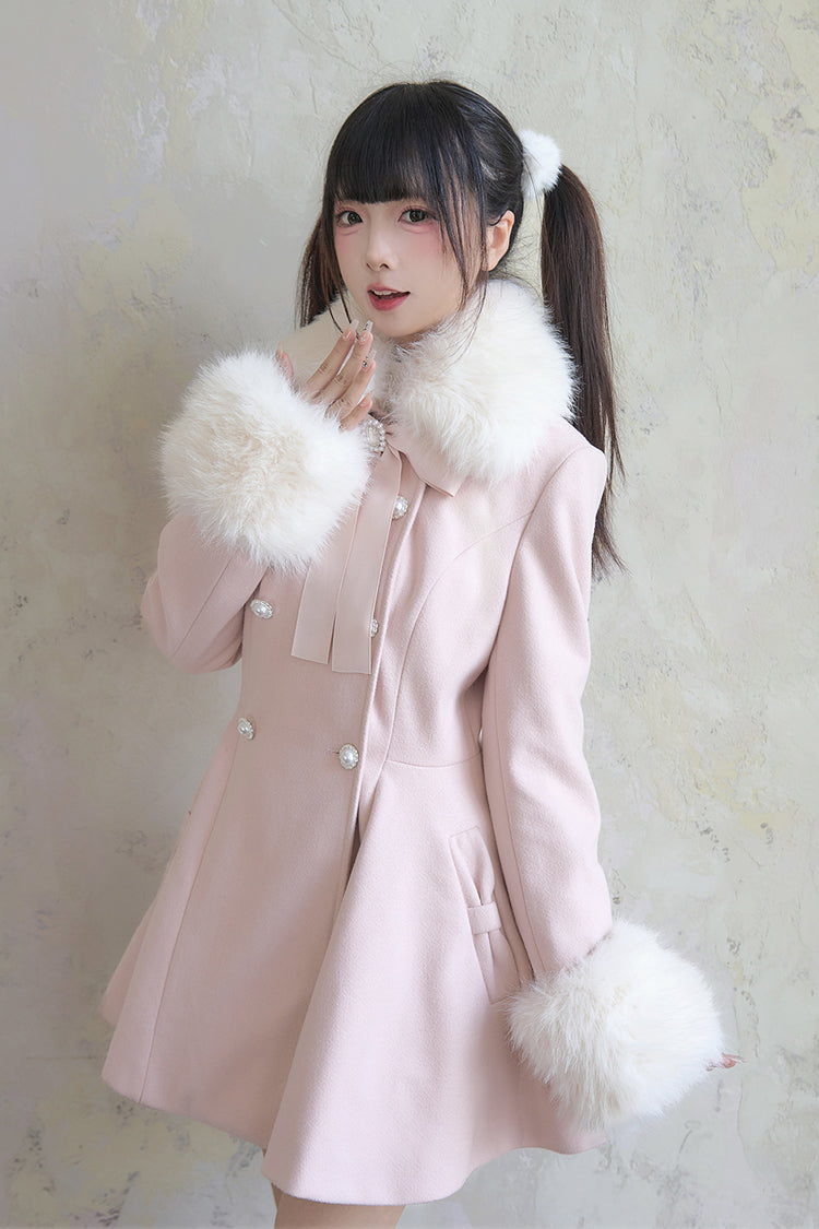 Pink Double-Breasted Long Sleeves Bowknot Japanese Sweet Lolita Coat - Pink - 1