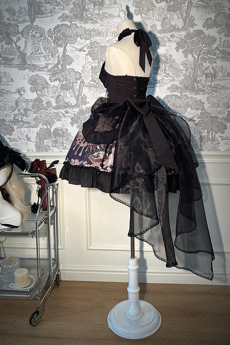 Black [The Mystery of The Doll] Halterneck Print Ruffle Bowknot Drawstring Gothic Lolita Dress - Product - 14