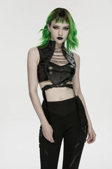 Black Stand Collar Sleeveless Slim Fit Studded Women's Punk Cool Strappy Crop Vest - Black - 1