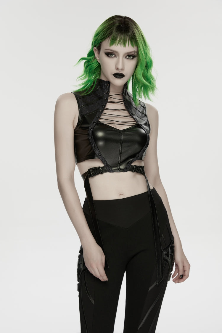Black Stand Collar Sleeveless Slim Fit Studded Women's Punk Cool Strappy Crop Vest - Black - 1