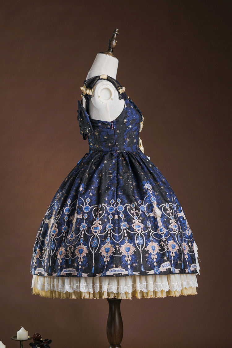 Blue/White [Stone of Eden] Triple-Layered Print Ruffle Hot Stamping Cardigan Bowknot Lace Elegant Sweet Lolita Jsk Dress - Product - 2