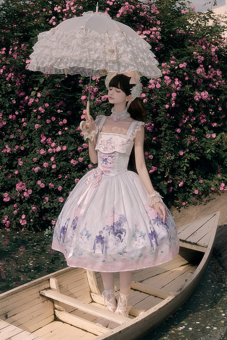 [Morning Dew Rose] Square Collar Flutter Sleeves Printed Embroidered Bow Sweet Chinese Inspired Lolita Jsk Dress 2 Colors (Blue, Green) - Product - 12