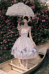 [Morning Dew Rose] Square Collar Flutter Sleeves Printed Embroidered Bow Sweet Chinese Inspired Lolita Jsk Dress 2 Colors (Blue, Green) - Product - 12