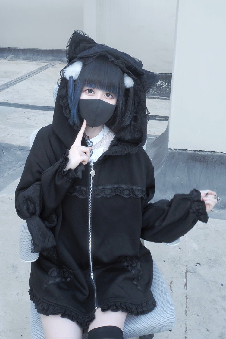 Black Long Sleeves Cat Ears and Tail  Ruffle Bowknot Hooded Gothic Jirai Kei Coat - Product - 2