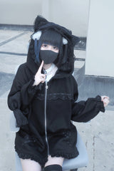 Black Long Sleeves Cat Ears and Tail  Ruffle Bowknot Hooded Gothic Jirai Kei Coat - Product - 2