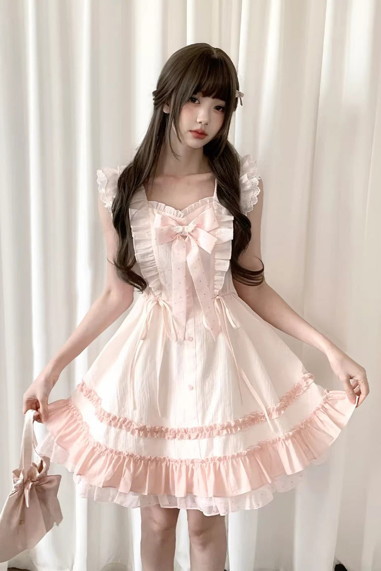 Pink [Spring Timeline] Double-Layered Ruffled Bow Lace-Up Sweet Princess Lolita Dress - Pink - 1