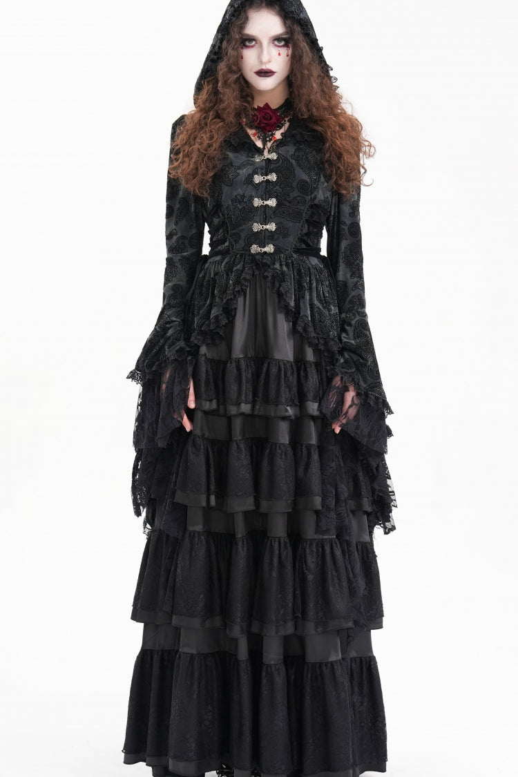 Black Long Trumpet Sleeves Multi-Layered Embroidery Lace Hooded Ripped Women's Gothic Jacket - Product - 2