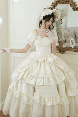 White [Letters and Poems] Square Collar Short Sleeves Ruffle Hanayome Bowknot Sweet Elegant Gorgeous Lolita Dress - Product - 11