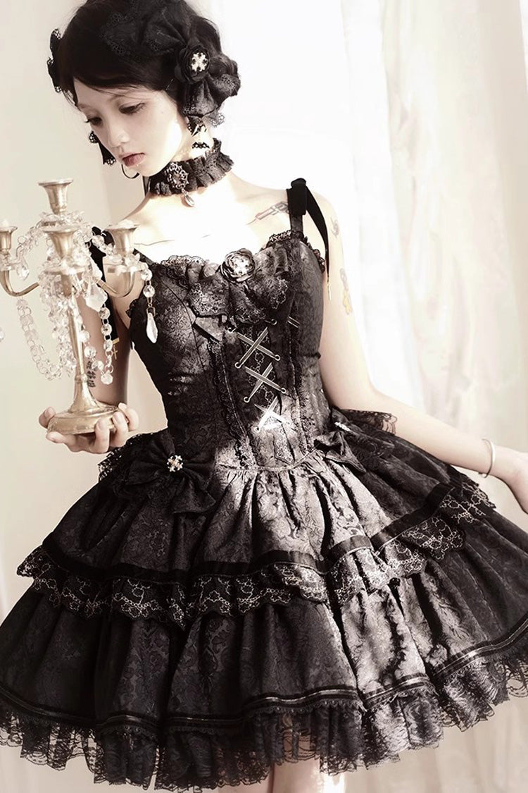 Black Double-Layered Ruffle Lace Gothic Ballet Lolita Jsk Dress - Product - 4