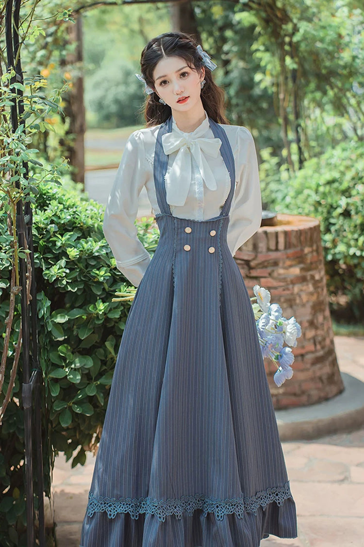 Blue Bustier Halterneck Long Sleeves Striped Printed Bow Lace Sweet Lolita Two-Piece Skirt Set - Product - 7