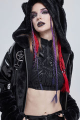 Black Punk Cuff Pleated Design Metal Five-Pointed Star Shape Belt Decoration Cat Ear Women's Coat - Product - 14