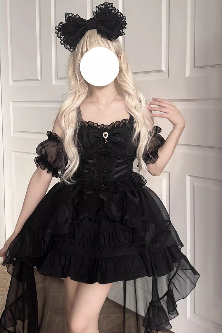 Black Sleeveless Multi-layer Ruffle Bowknot Gothic Lolita Jsk Dress - Black - 1