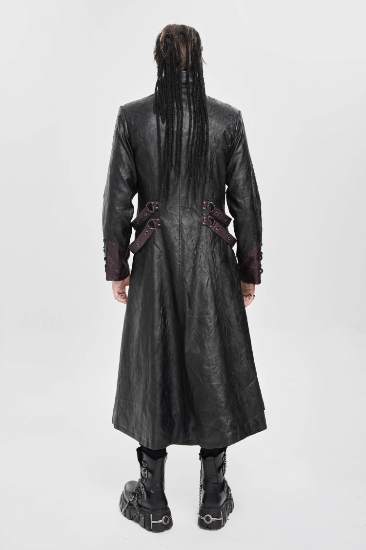 Black/Red Stand Collar Zipper Straps Eyelet Men's Punk Coat - Product - 3