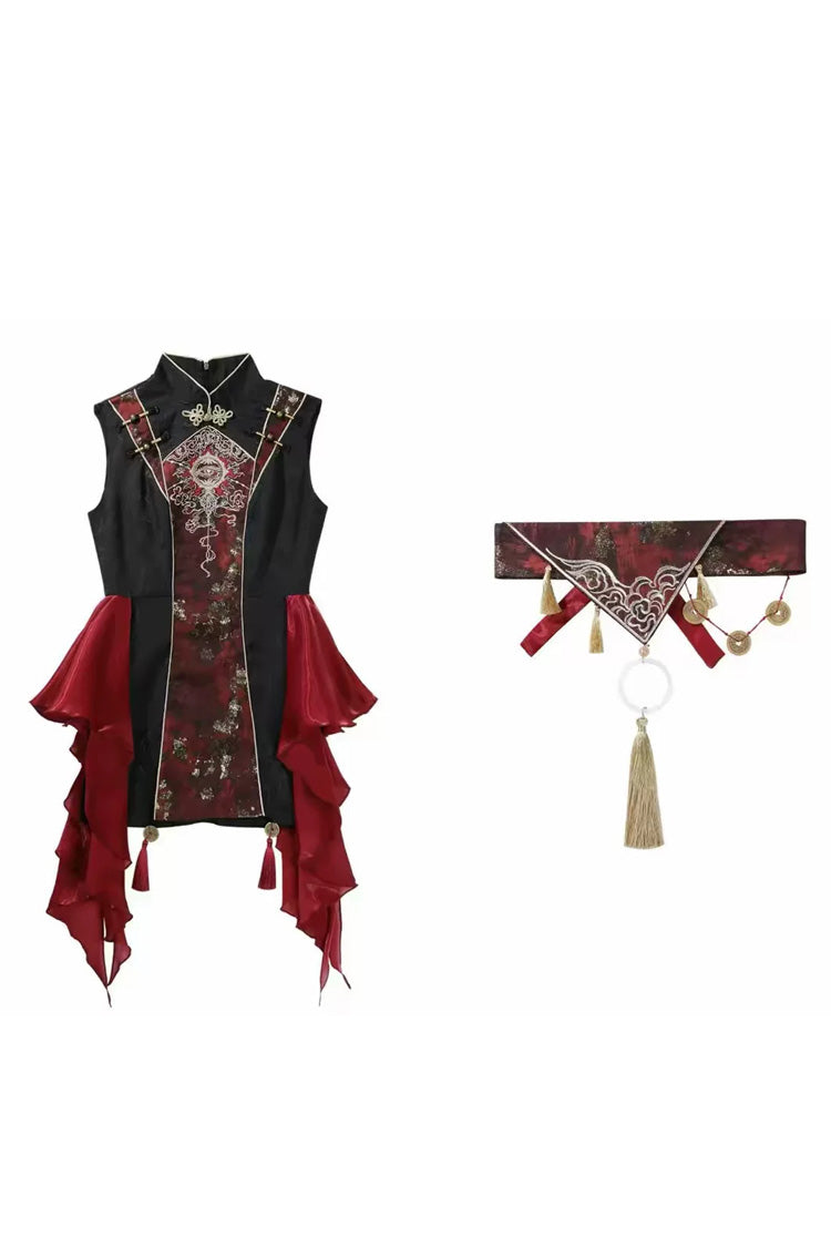 Black/Red [Demon Hunter] Stand Collar Sleeveless Embroidered Gothic Chinese Inspired Cool Ouji Hanfu Set - Top+Waist-Corset(Only) - 9