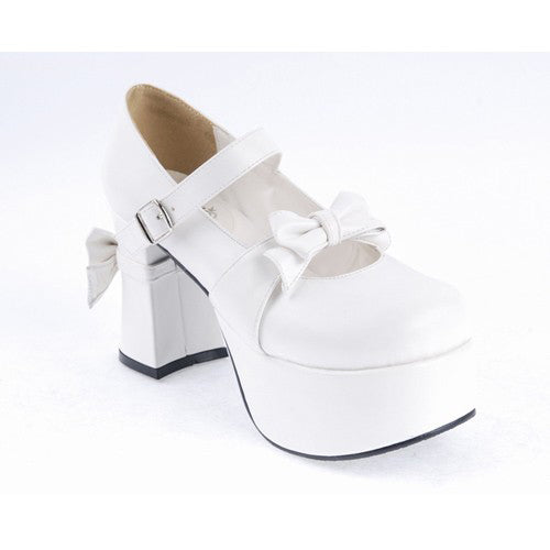 White Patent Leather Round Toe Strap Bowknot Platform Lolita Shoes - Product - 7