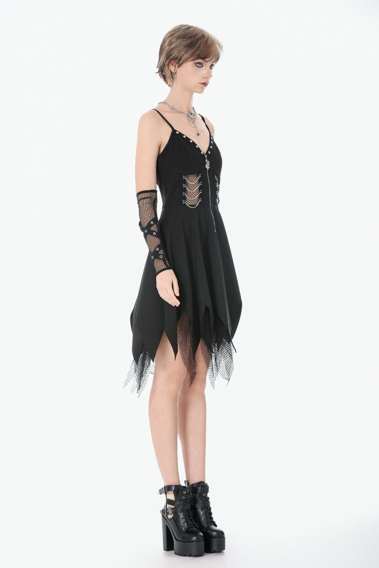 Black Sleeveless Mesh Spliced Studded Zipper Women's Punk Slip Dress - Product - 2