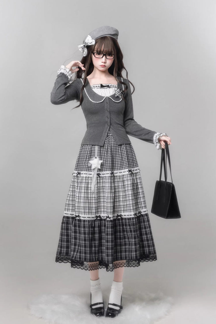 グレー [Star Candy] スクエアカラー 長袖 プリント Cut-Out レース 重ね着風 スウィートロリータスカートセット 商品画像