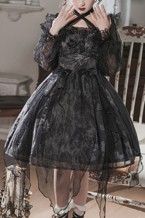 Black Ruffled Strap Mesh Lantern Sleeves High Waisted Irregular Hem Gothic Lolita OP Dress - Black - 1