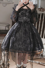 Black Ruffled Strap Mesh Lantern Sleeves High Waisted Irregular Hem Gothic Lolita OP Dress - Black - 1