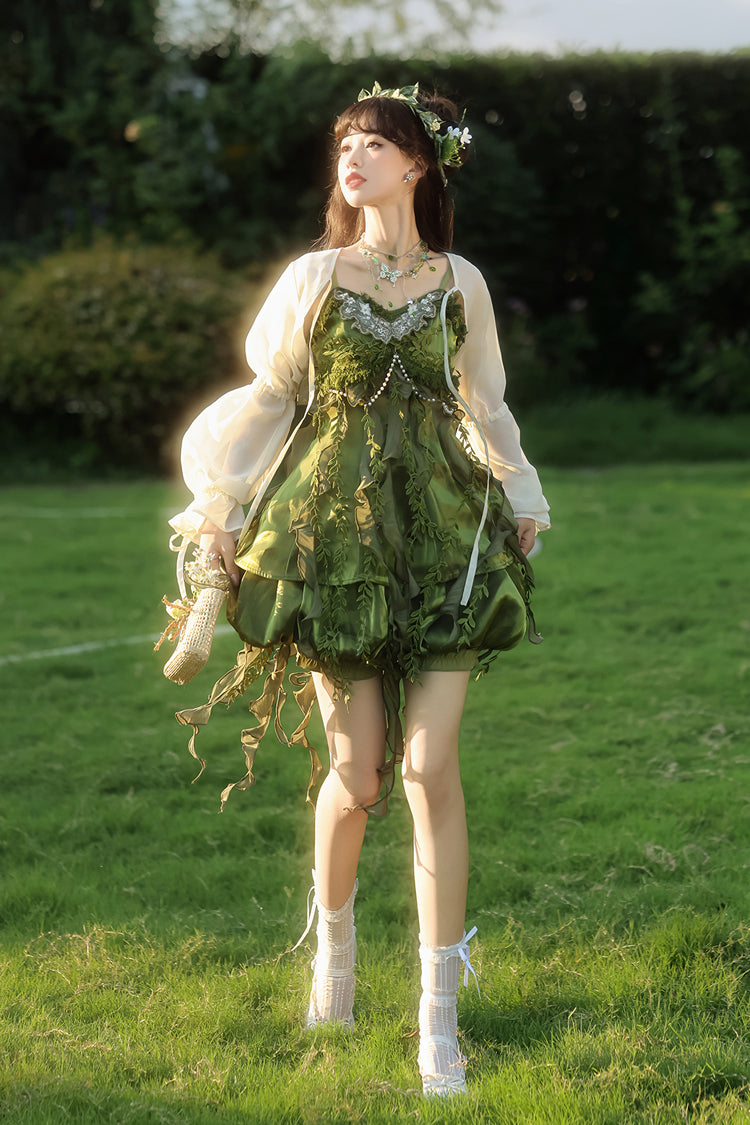 Green [Children of the Forest] Leaf Decoration Ruffle Irregular Sweet Lolita Jsk Dress Set - Product - 13