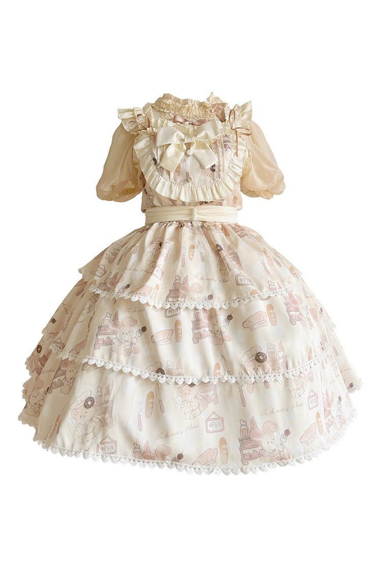 Beige Sleeveless Triple-Layered Print Ruffle Bowknot Sweet Plus Size Lolita Jsk Dress - Product - 3