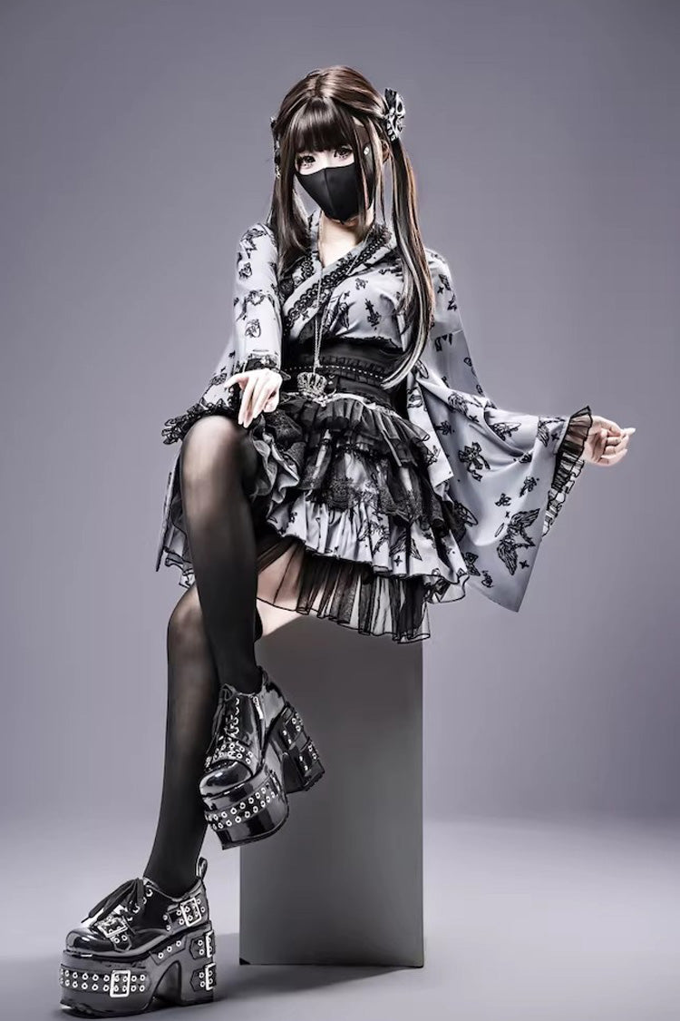 Jirai Kei Long Sleeves Printed Ruffled Lace Studded Gothic Japanese Top and Skirt Set 3 Colors - Product - 6