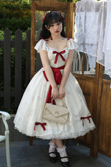 Rose Elegant Short Sleeves Print Ruffle Bowknot Sweet Plus Size Lolita Dress 2 Colors - White/Red - 3