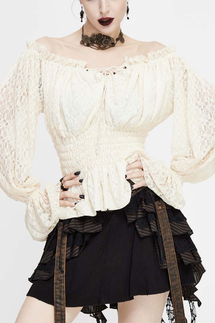 White Off Shoulder Long Sleeves Ruffle Lace Women's Gothic Blouse - White - 1