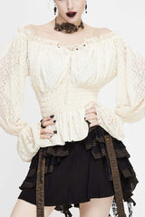 White Off Shoulder Long Sleeves Ruffle Lace Women's Gothic Blouse - White - 1