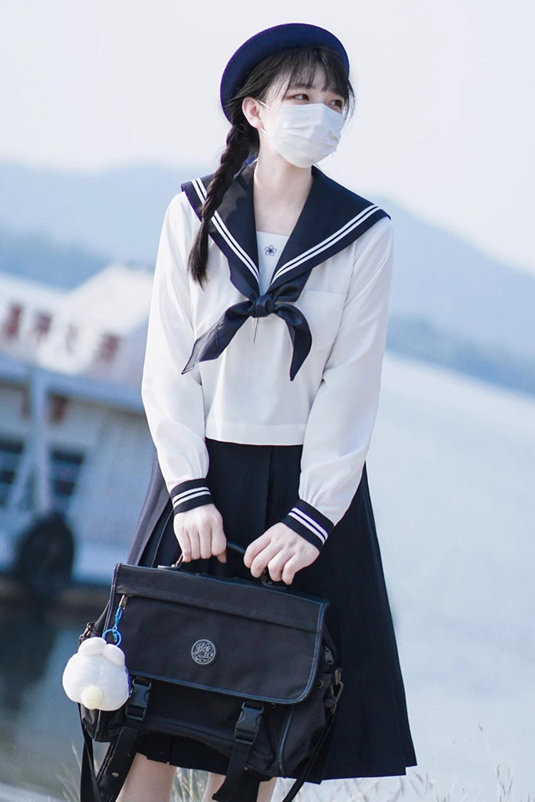 White/Dark Blue Long Sleeves Sweet Japanese School Skirt Set - White/Dark-Blue - 1
