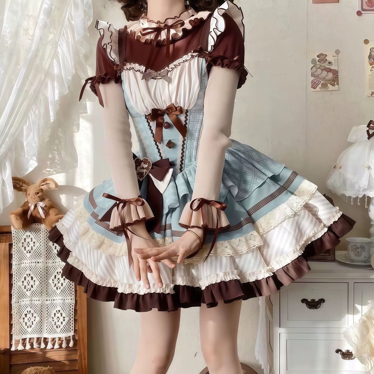 Green and Brown Ruffled Chocolate Lolita Dress Set with Bow Accent - view 2