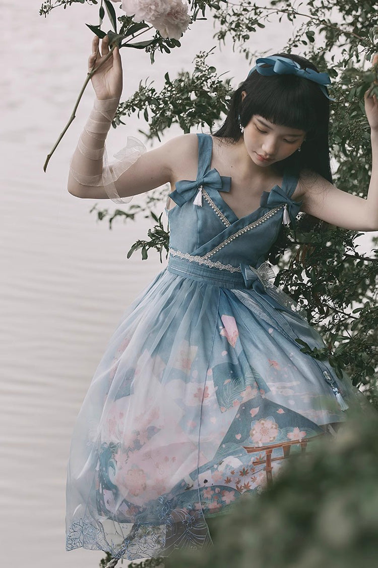 Multi-Color Mount Fuji Cherry Blossom Season Print Bowknot Alice Sweet Lolita JSK Dress - Product - 4