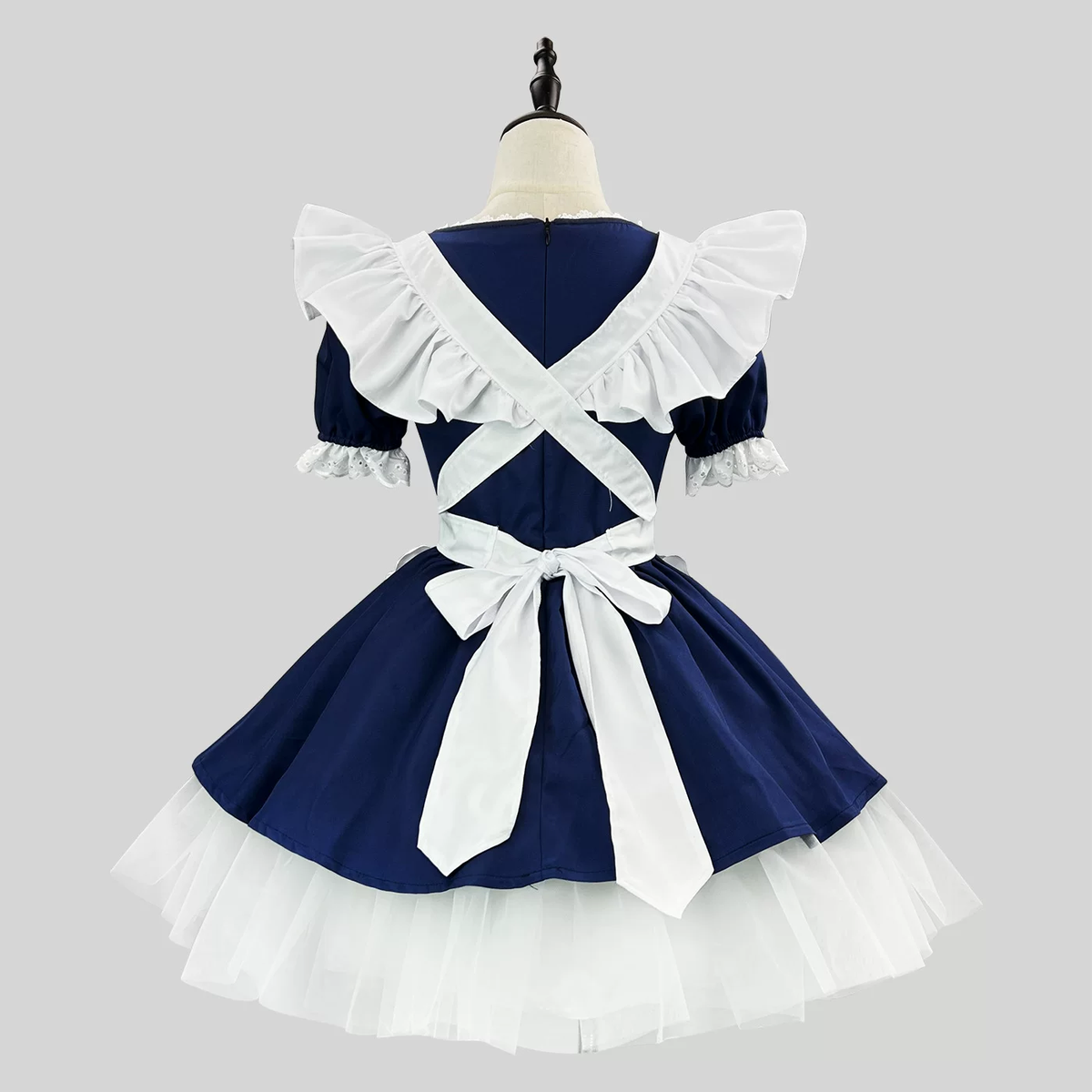 Navy Blue and White Lace Maid Lolita Dress Set with Bows - view 3