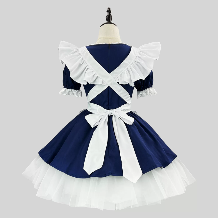 Navy Blue and White Lace Maid Lolita Dress Set with Bows - view 3