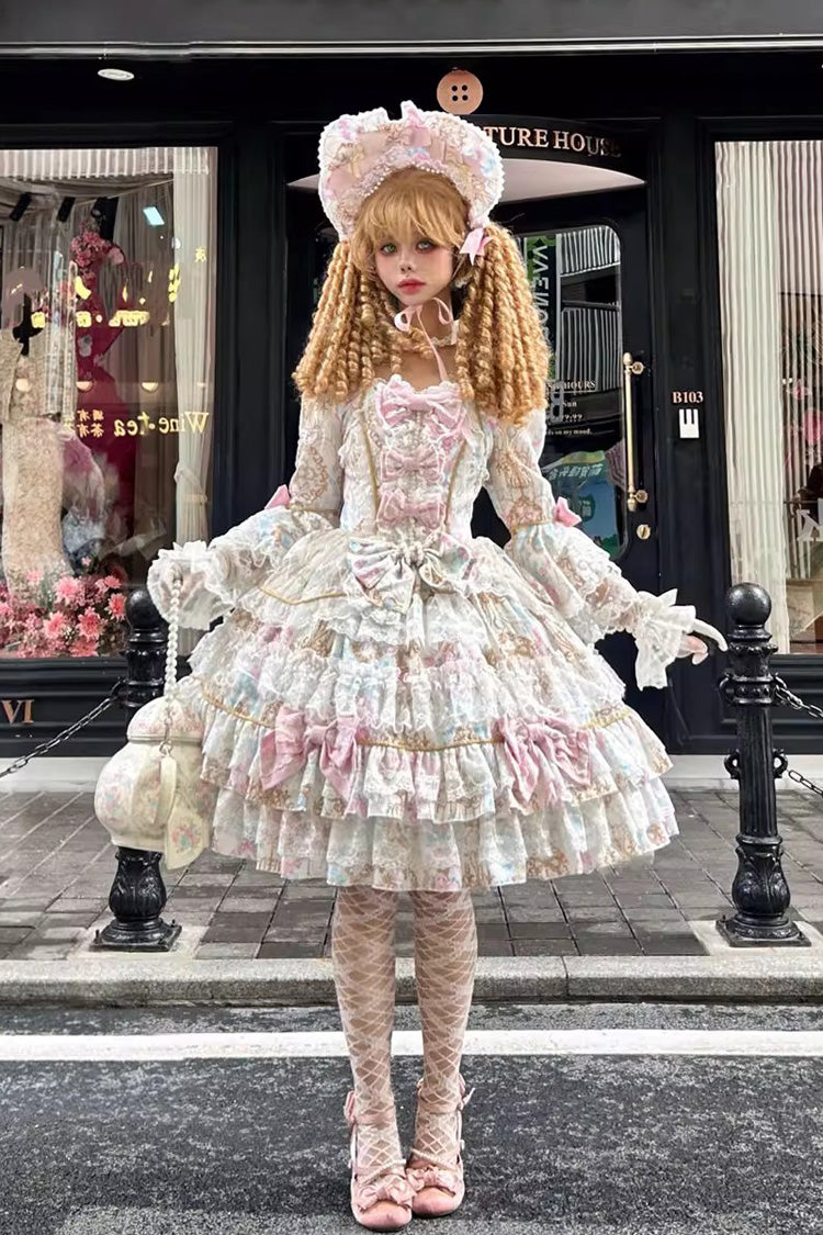 Apricot [Candlelight Elegance] Long Trumpet Sleeves Multi-Layered Ruffle Bowknot Lace Sweet Elegant Lolita Dress - Apricot - 1